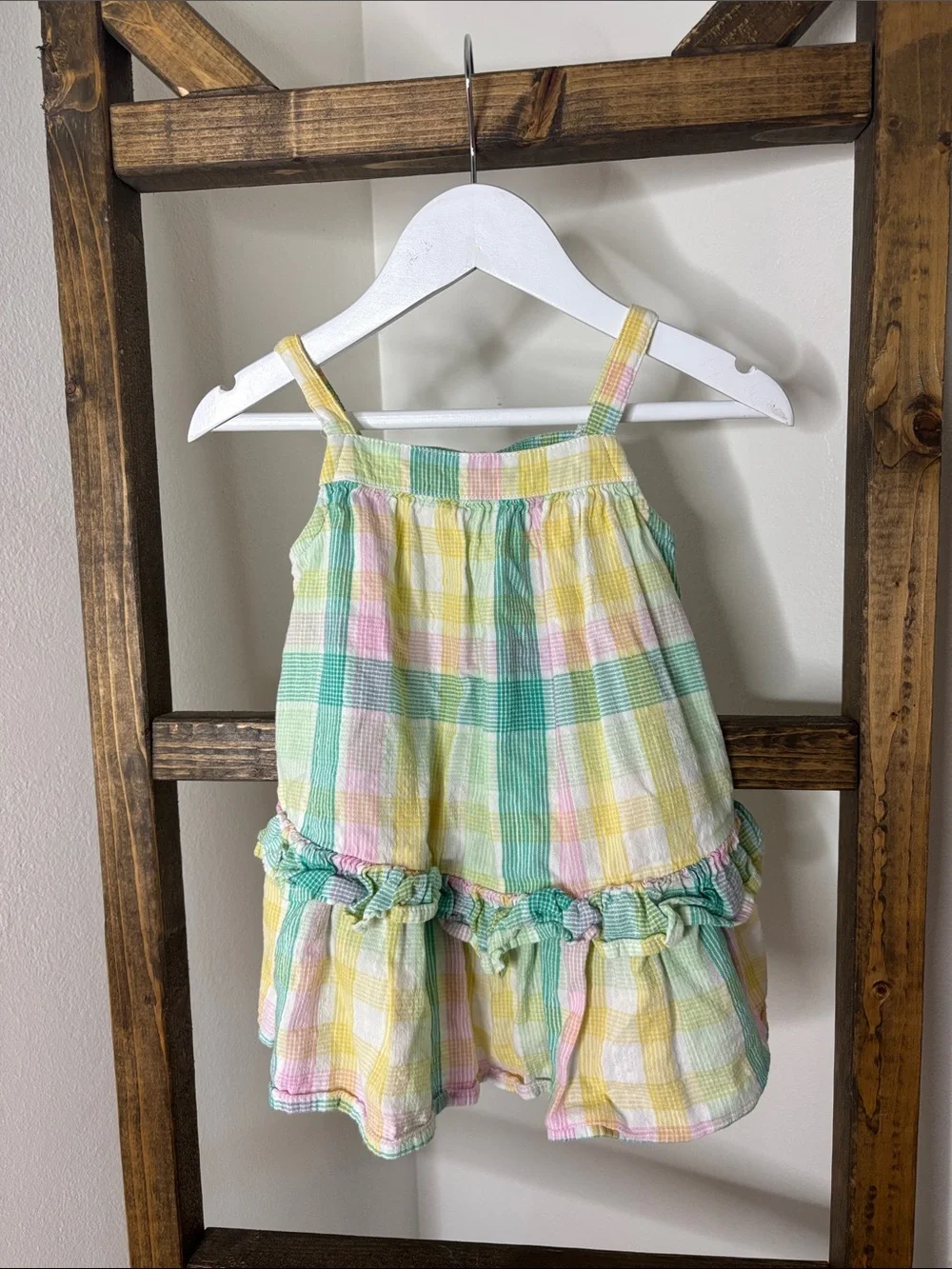 Old Navy Pastel Plaid Ruffle Romper - Yellow, Green, Pink Size 12-18M